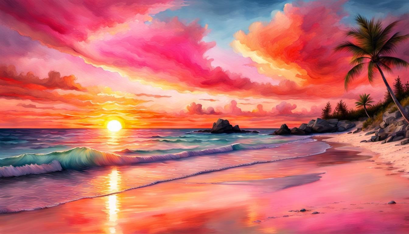  A beautiful pink Bermuda Beach with a huge orange sun setting  by @AI Curious
