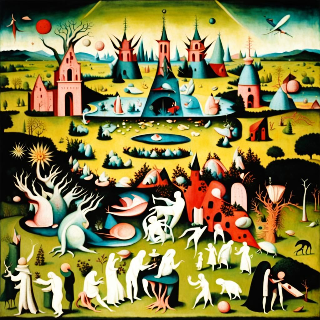 Hieronymus Bosch futuristic twist, alien flora and fauna, su...