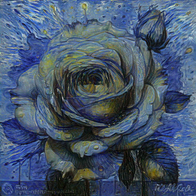A beautiful yellow rose tranformed in a blue rose in flower in the midnight , style Van Gogh