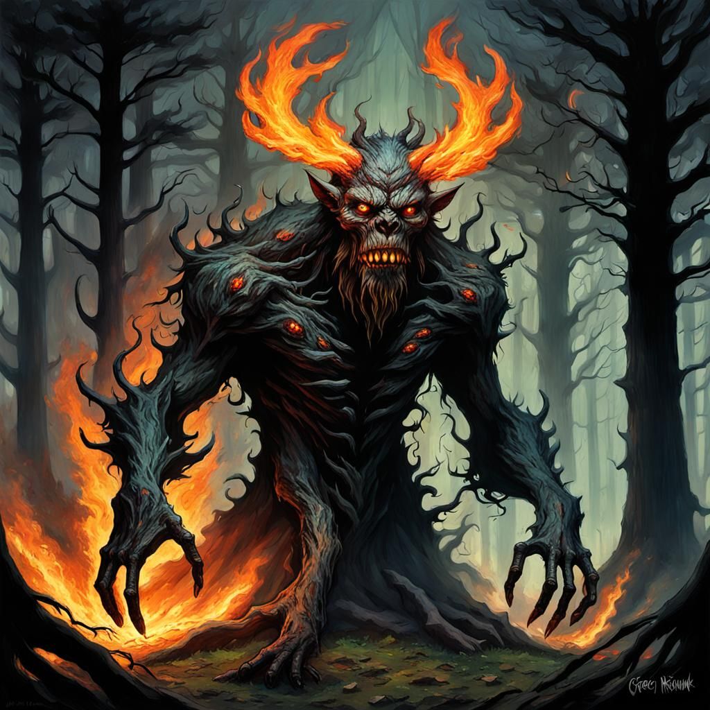 Woodland tree demon, Wendigo, feet of flames eater of childr...
