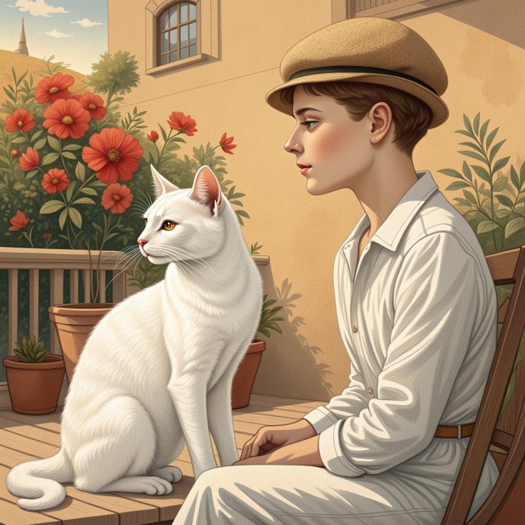 Beautiful white cat sitting next to a perfect little boy, under a bougainvillier on the terrace of a fancy house, play of shadows, realistic...
