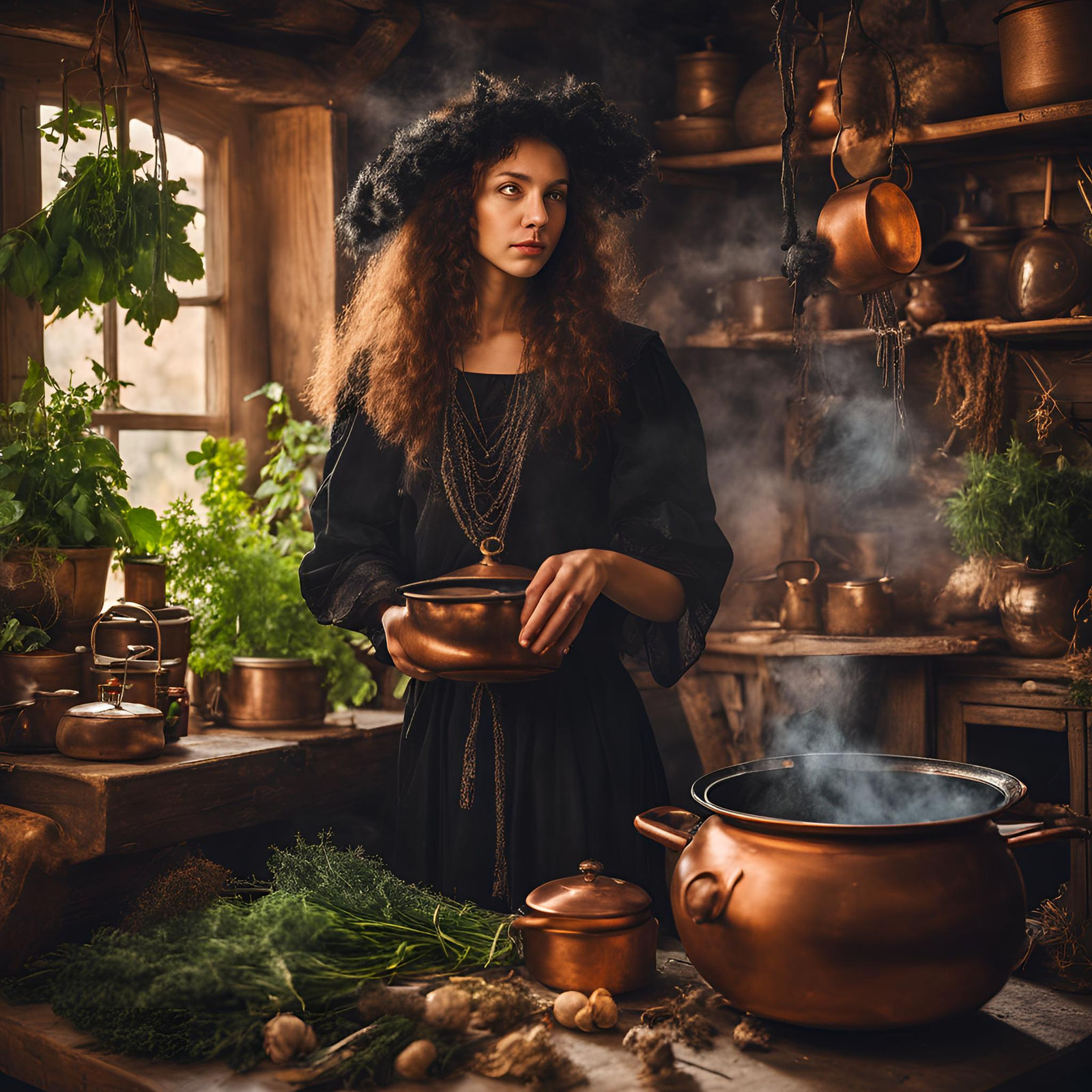 Witch with herbs in her kitchen...