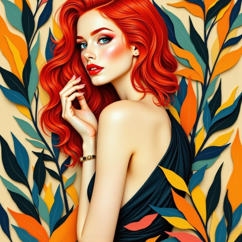 <lora:PaperCutBeauties:1.0>A beautiful woman with red hair, Matisse's decoupage works, clean-edged shapes, Beautiful, Fashion Photograph, Hi...