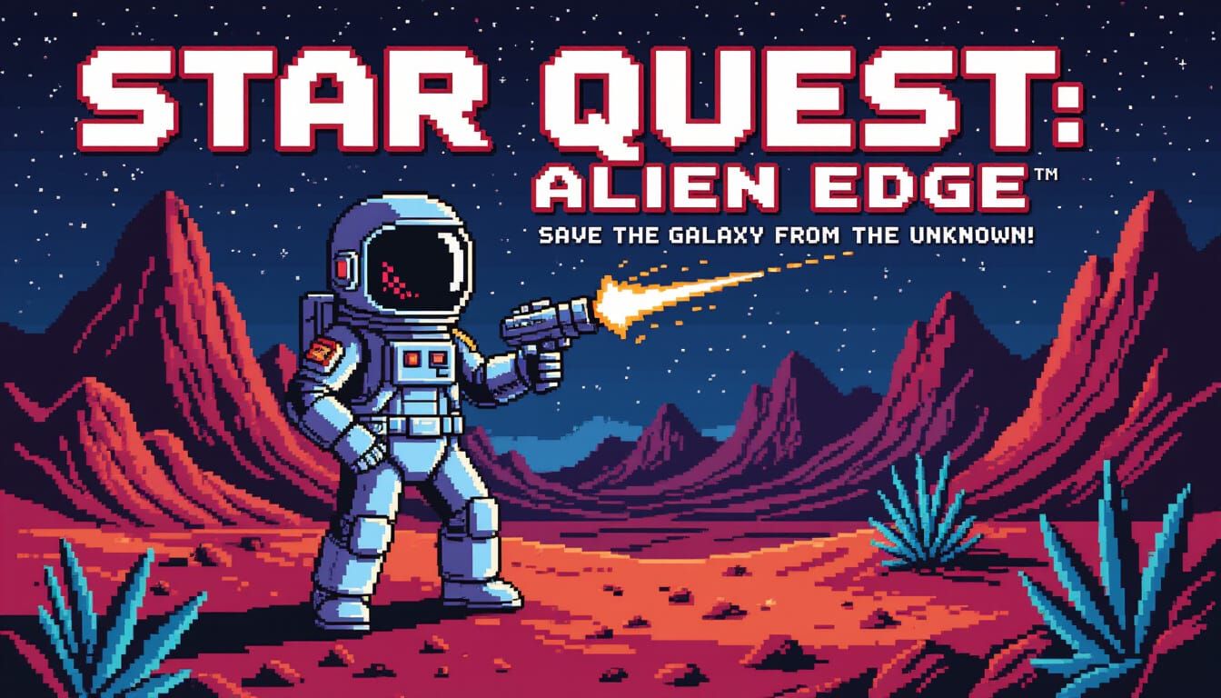 A clean, bold pixel art scene of a lone space explorer standing heroically on a barren alien planet. ...  by @undefined