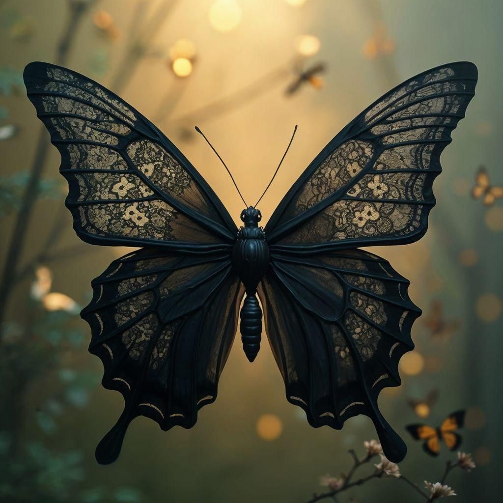 butterfly with lacy wings, black colored