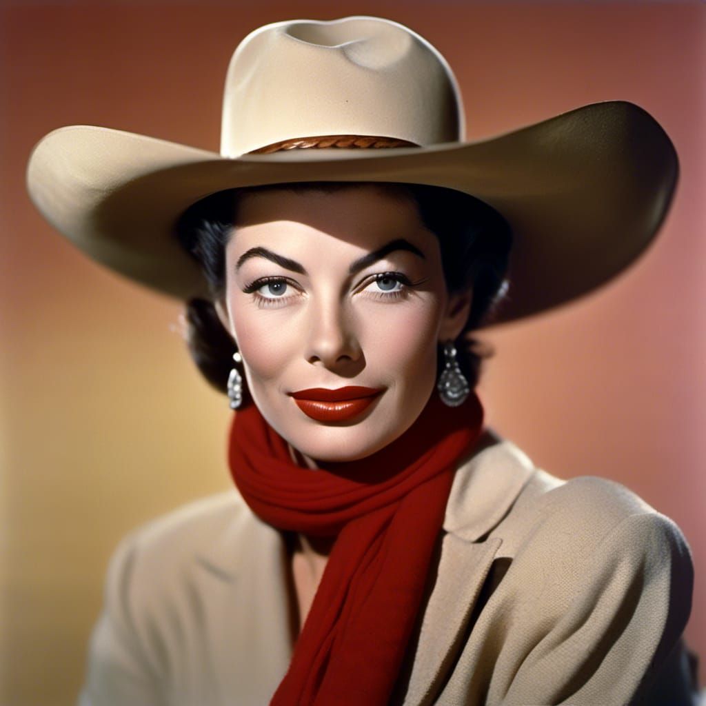 Portrait of Ava Gardner wearing a tan cowboy hat and red sca...