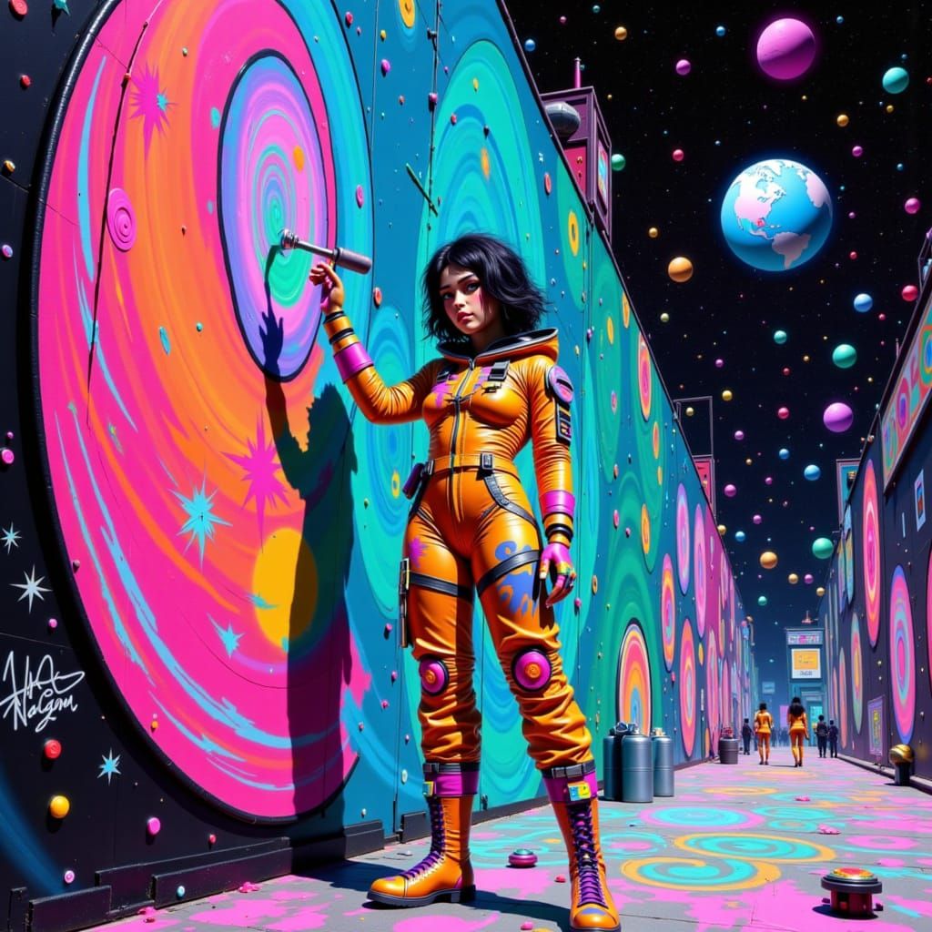 Tohsaka Rin, a lone female figure, clad in a vibrant spacesuit adorned with bright graffiti patterns, exudes determination as she spray-pain...
