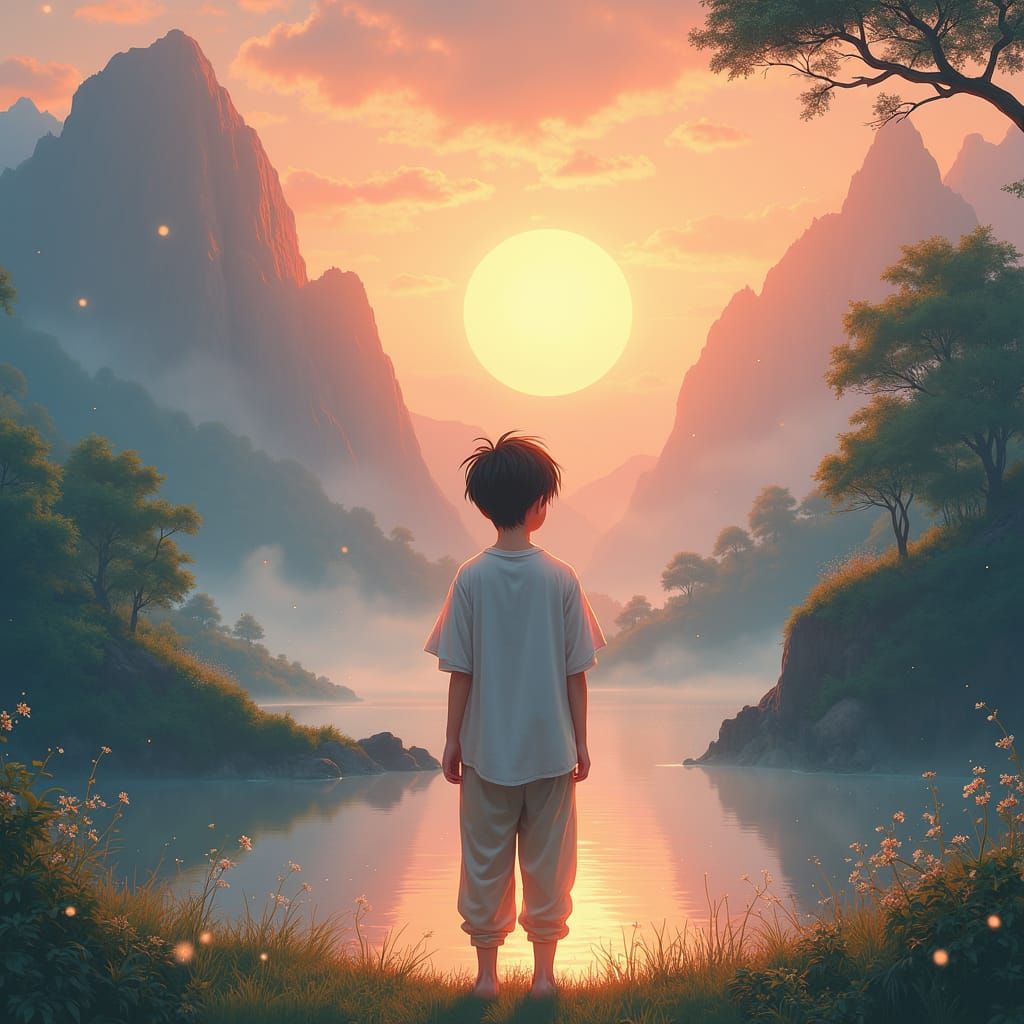 Dreamy Anime Landscape with Boy in Misty Valley