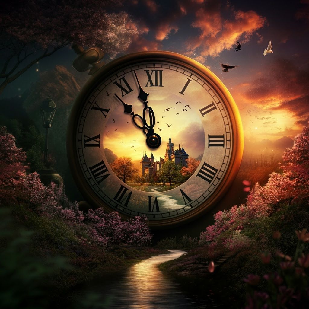 Surreal Clock Landscape with Castle View