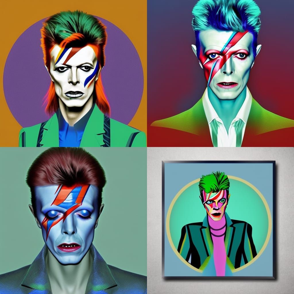 david bowie with blue hair  and wearing  green suit