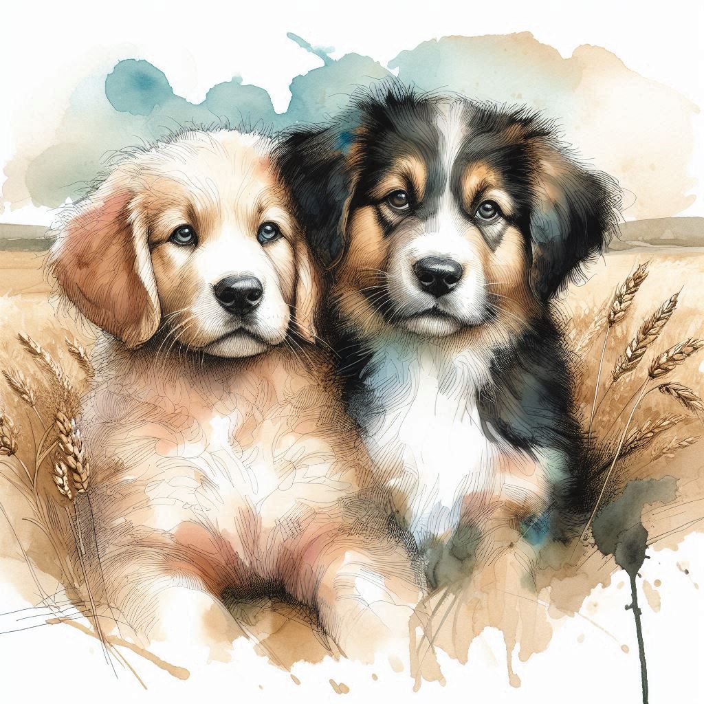 Drawing of cute puppies in a wheat field