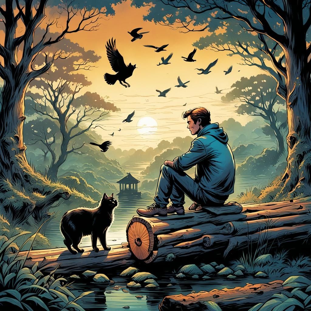 A charming man and his cat are sitting on a log as birds pec...