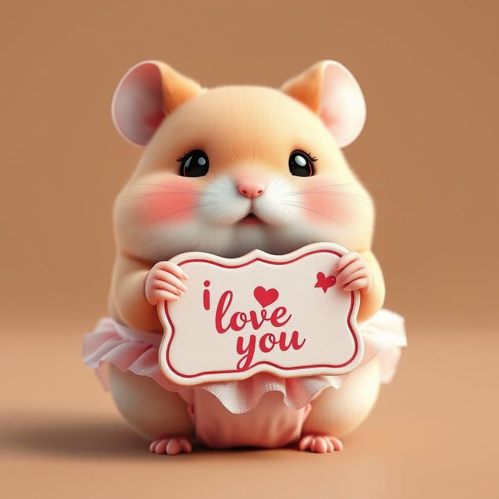 Cute Hamster Holding Heartfelt Sign in Delicate Pastel Pink...
