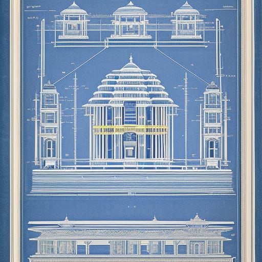 Vintage blueprint of technical drawing schematic of an ancie...