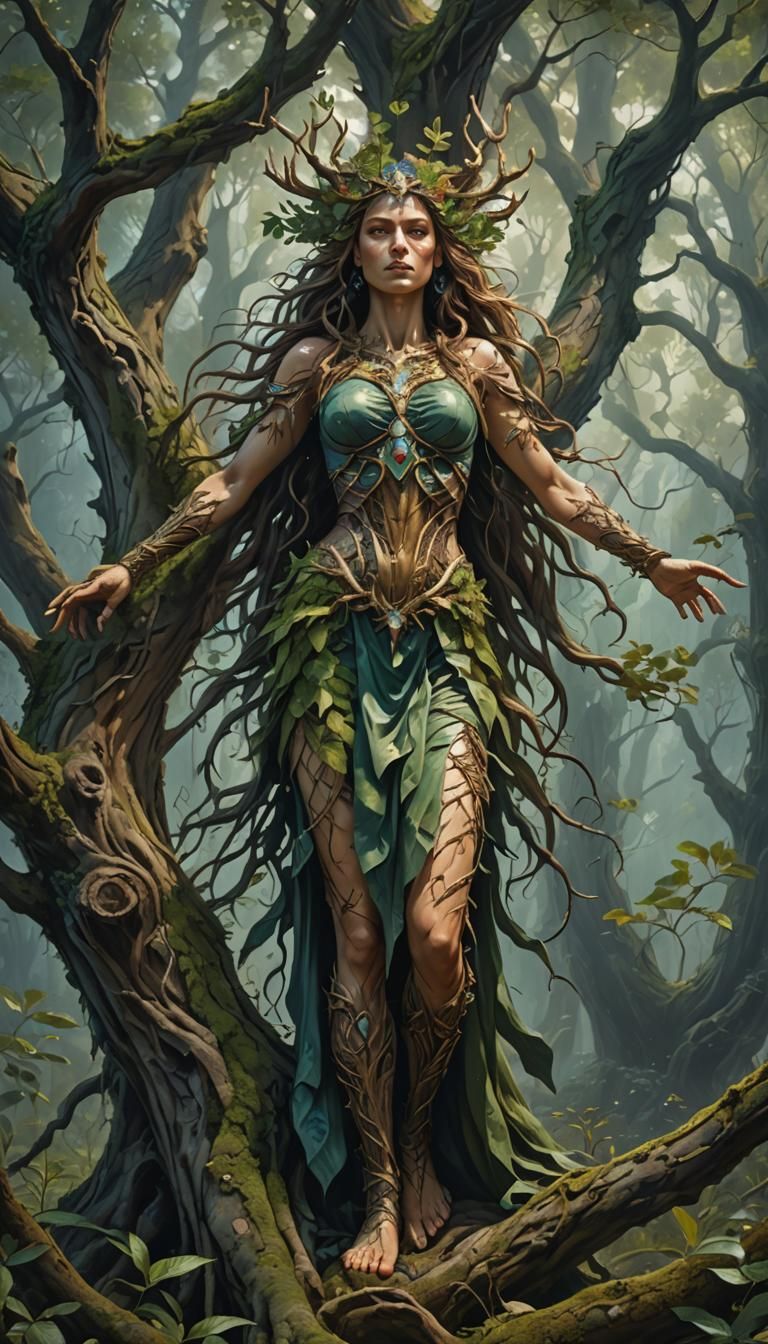 full body goddess of forest emerging from a tree, accurate a...
