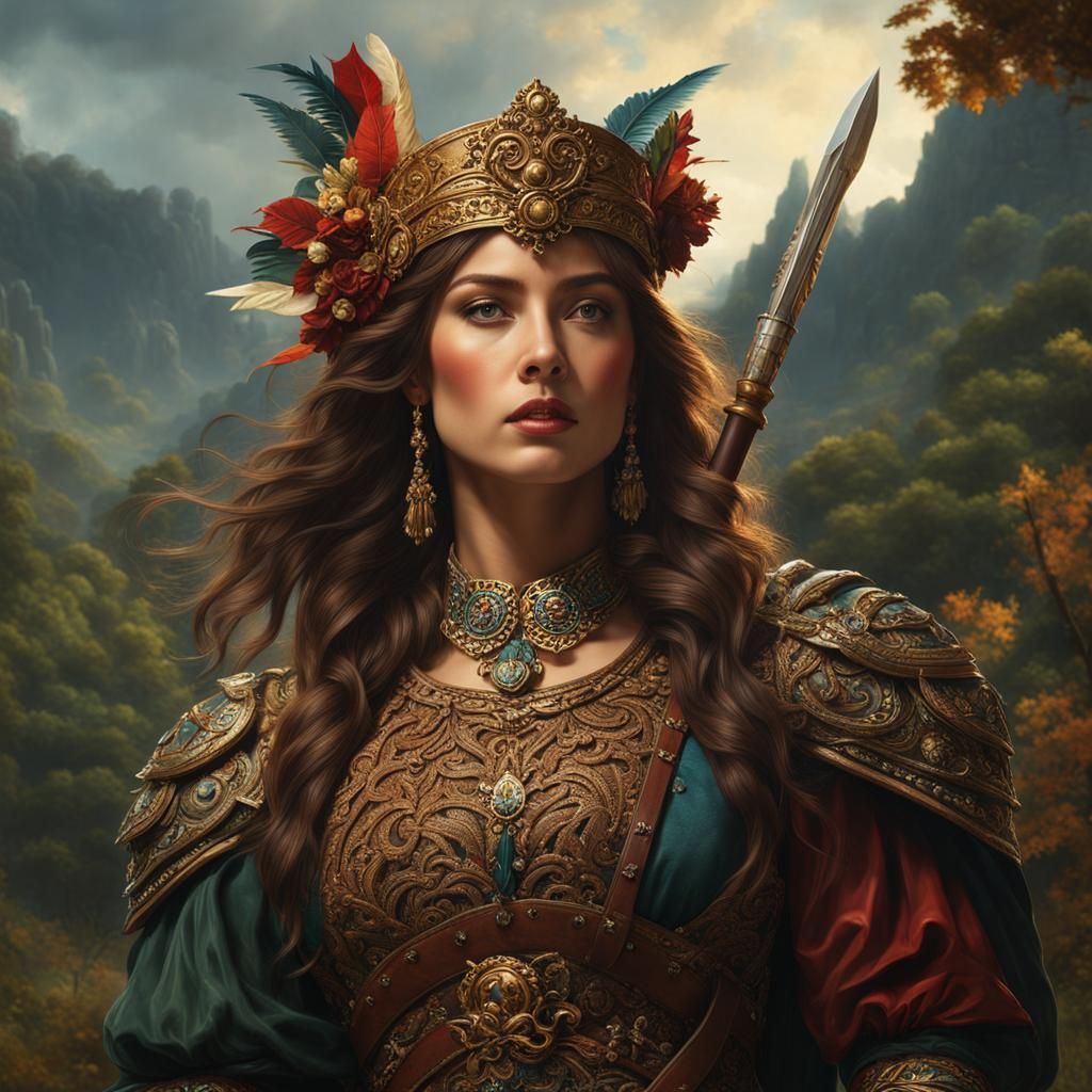 I would like an intricate painting of a beautiful warrior woman in the ...