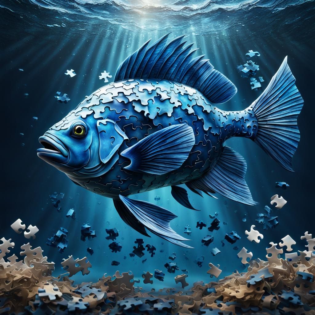 Blue fish made from hyperdetailed hyperrealistic puzzle piec...