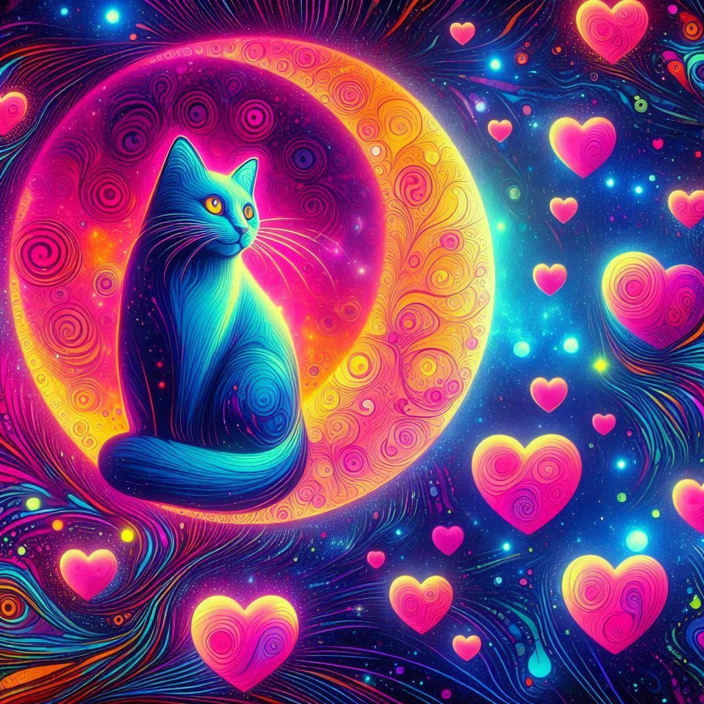 weird art, cat moon and hearts.