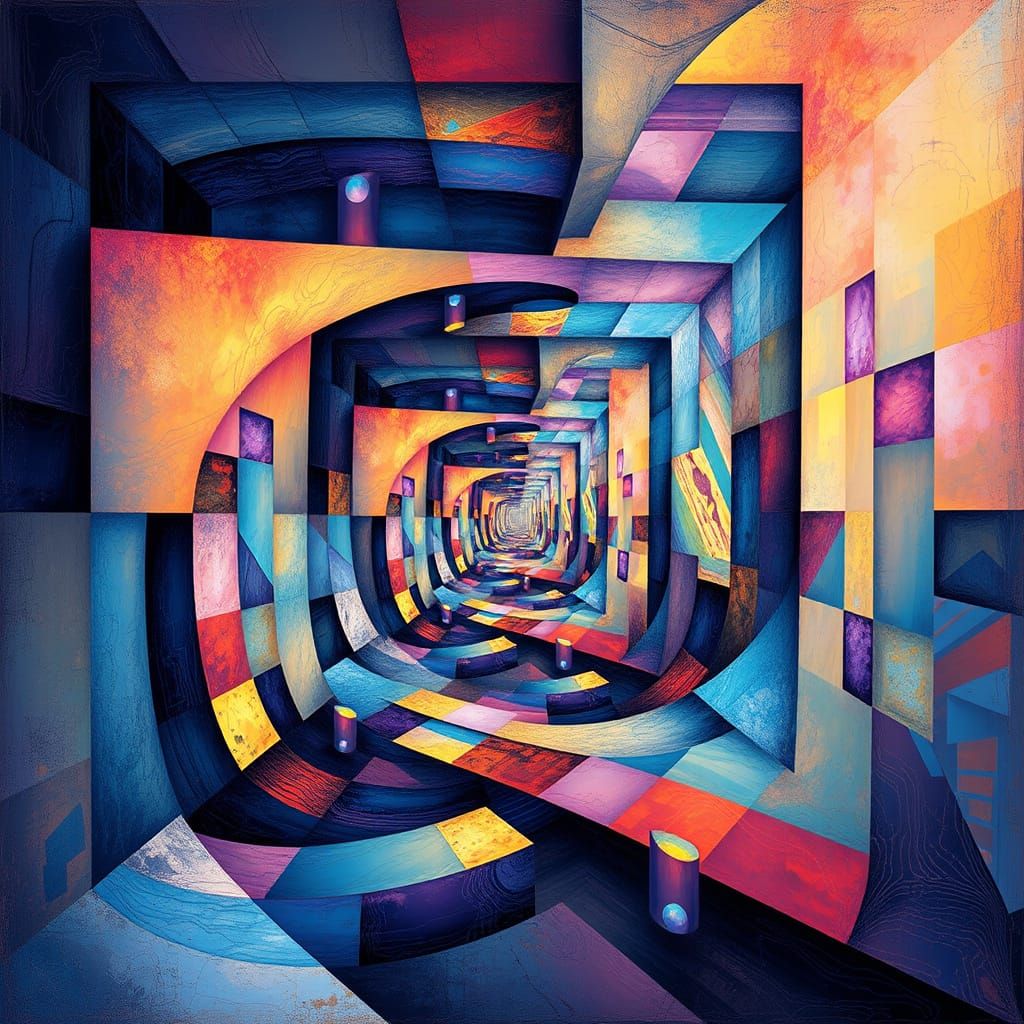 surreal abstract squares, merging the styles of Escher, Dali and Van Gogh, geometric abstract art   by @Ishya