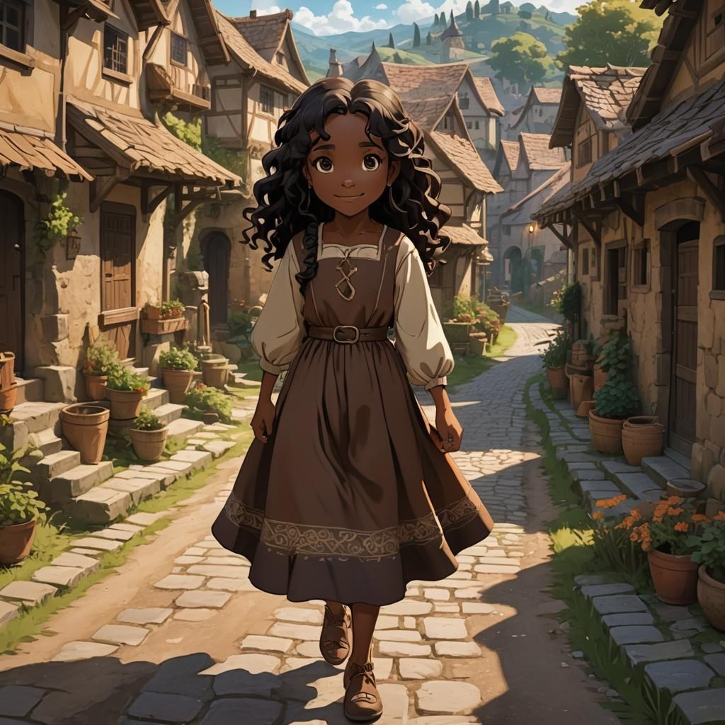 Anime Girl Walking Through Medieval Village