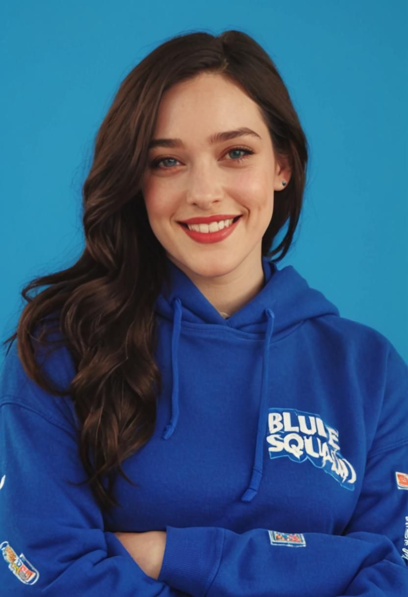 Mary Elizabeth Winstead with long dark hair wearing a bright blue hoodie with a "Blue Squad" logo, smiling warmly and confidently at the camera, agains...