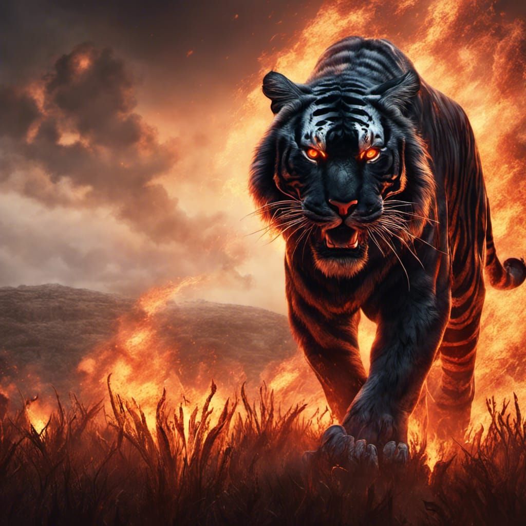 Black tiger with flaming eyes coming out of a field of fire