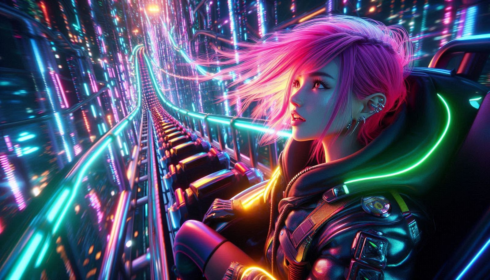 Cyberpunk girl riding alone on roller-coaster