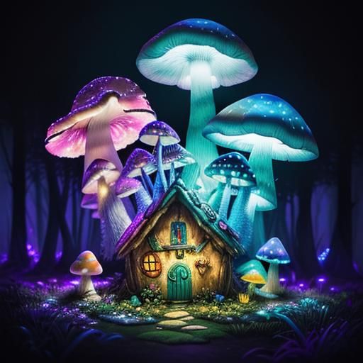 A fairy mushroom house in an enchanted bioluminescent forest...