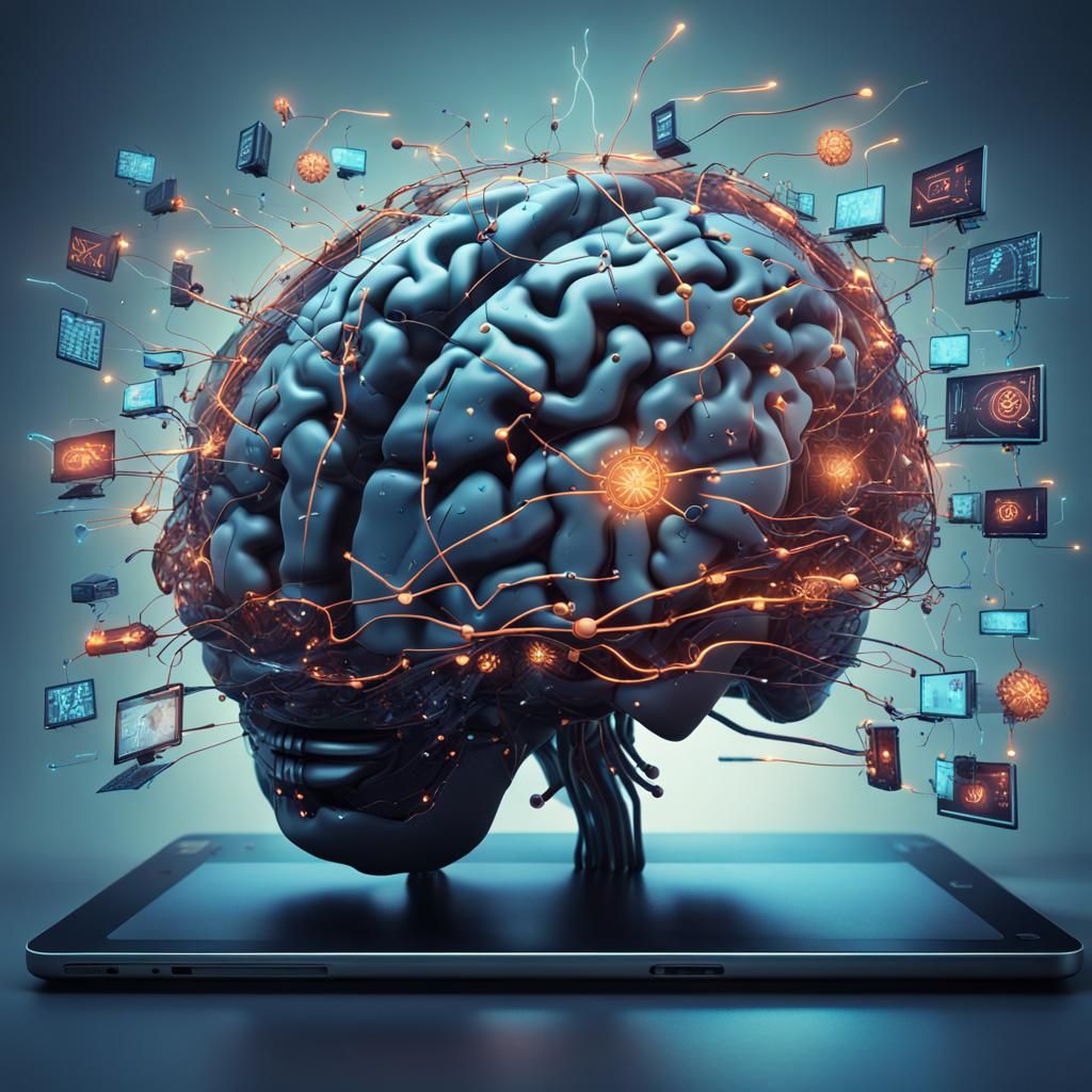A brain is split open. It has Artificial Intelligence icons ...