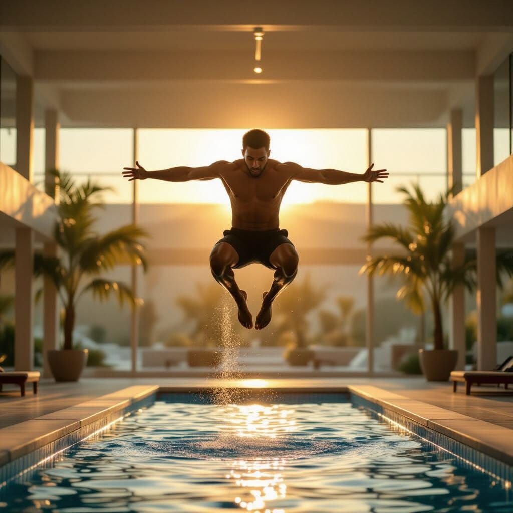 Man Leaping Over Diving Board in Surreal Light