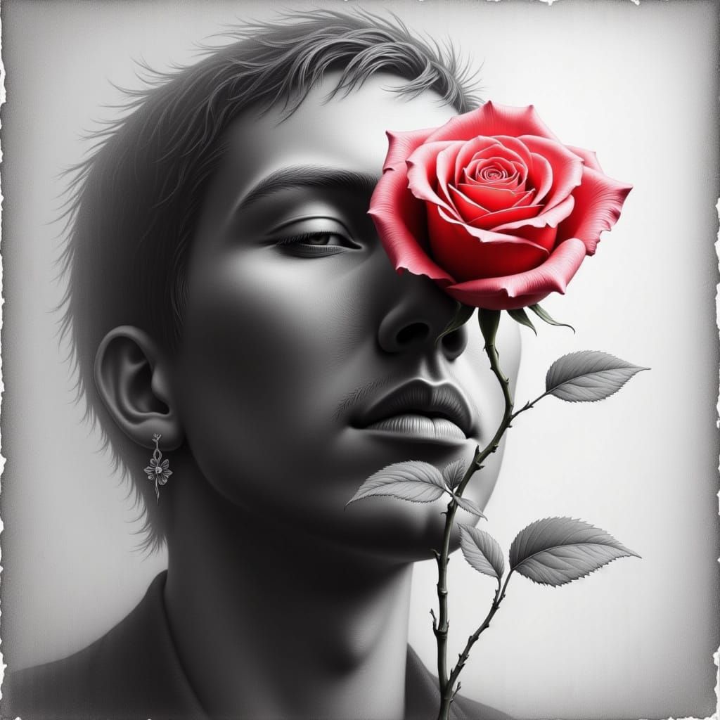 <lora:Graphite Rose 1:1.0> A red rose stands out as his  emotion against the graphite grayscale of forced identity ,