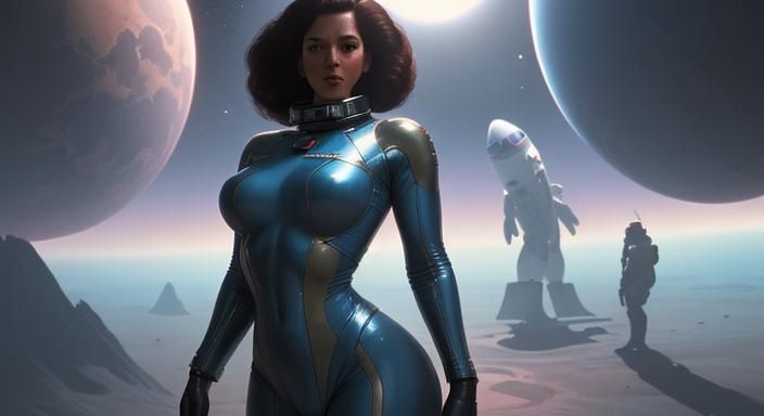 A cosmonaut with beautiful bosom, wide hips and muscular on ...