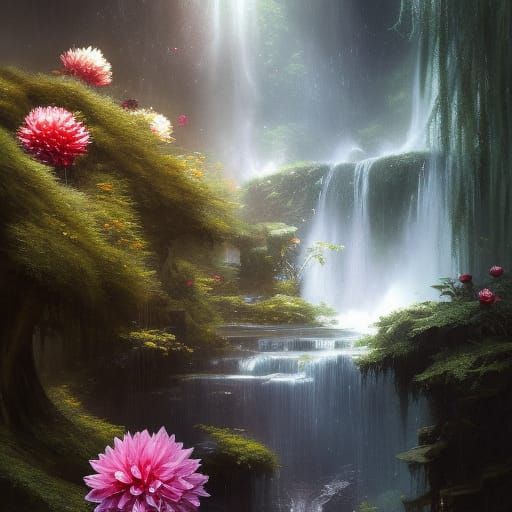 waterfall with dahlia's
