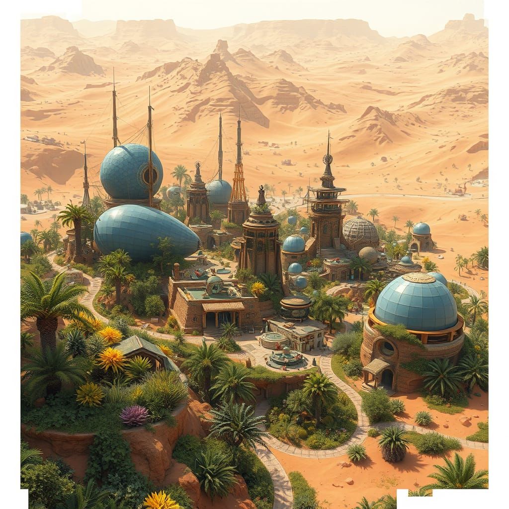 Surreal Solar Punk Oasis in Terraformed Desert Landscape