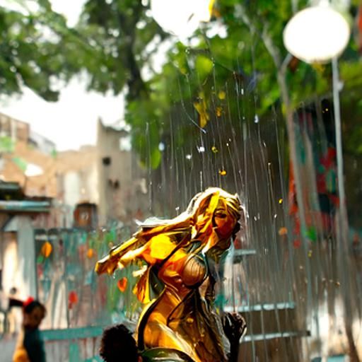 Beautiful blond girl dancing in the rain