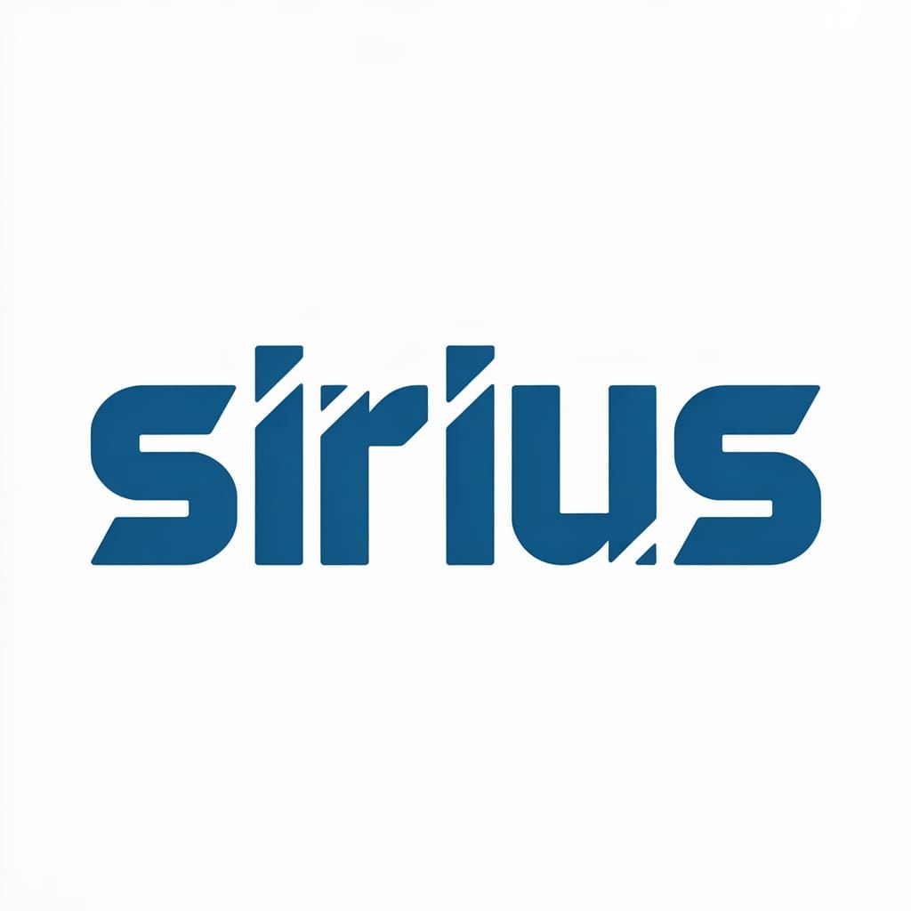 Professional corporate tech logo "SIRIUS" in style of Microsoft branding. Modular square typography, ULTRA SQUARE-SHAPED geometric letterfor...