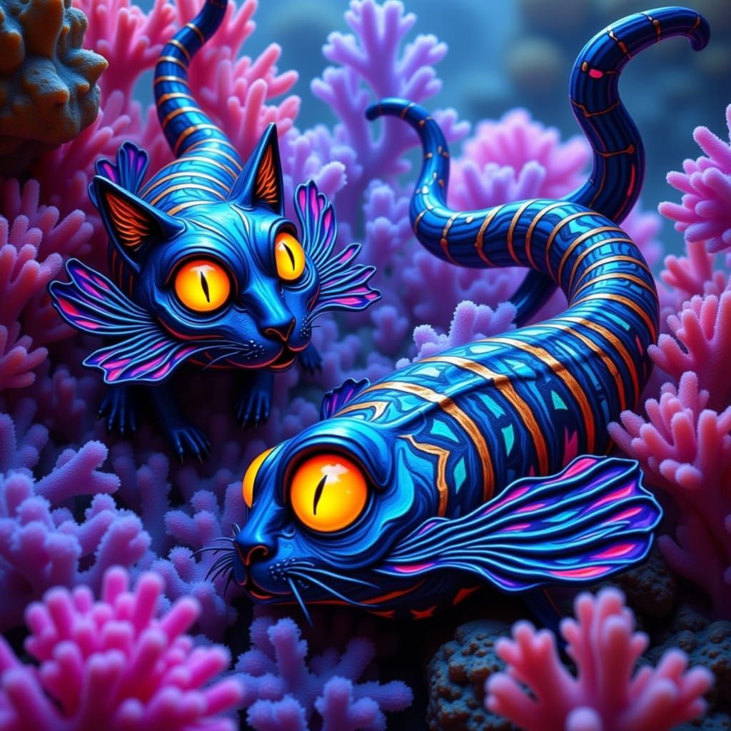 Swimming around are Iridescent Bioluminescent Colorful Glowing Metallic Cheshire-Cat-Fishies formed of stripes, Shiny Tr...