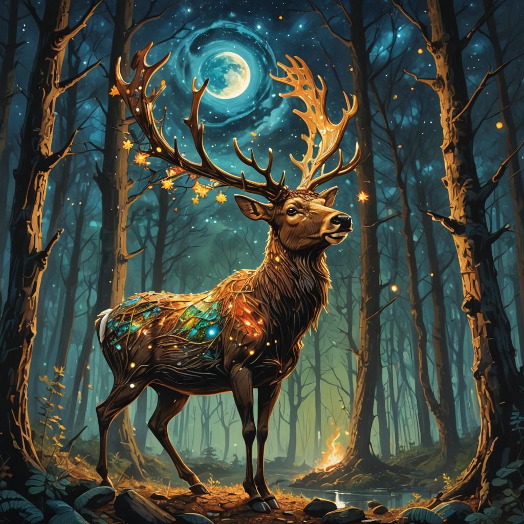 suspended stars piece of moon
raindeer in the forest at nigh...