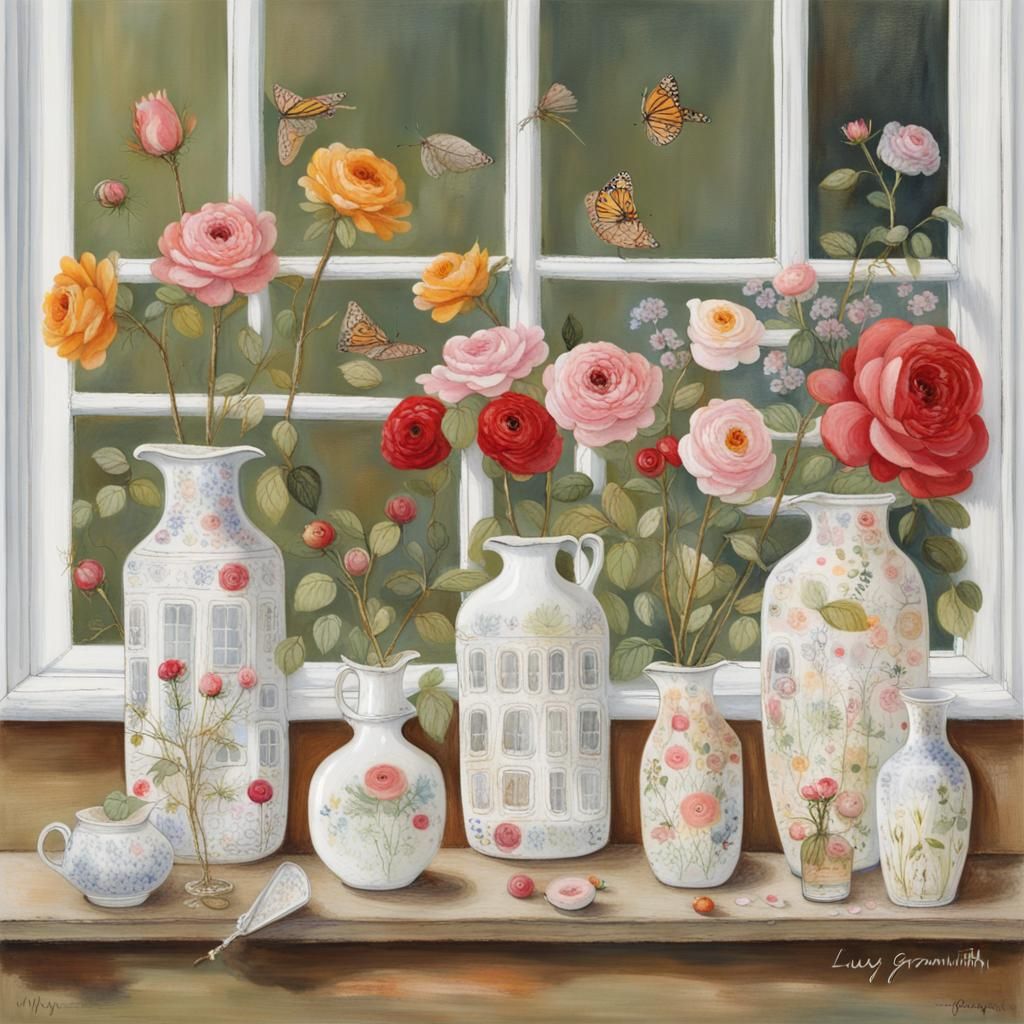 in a windowsill of an old-fashioned window there are countle...
