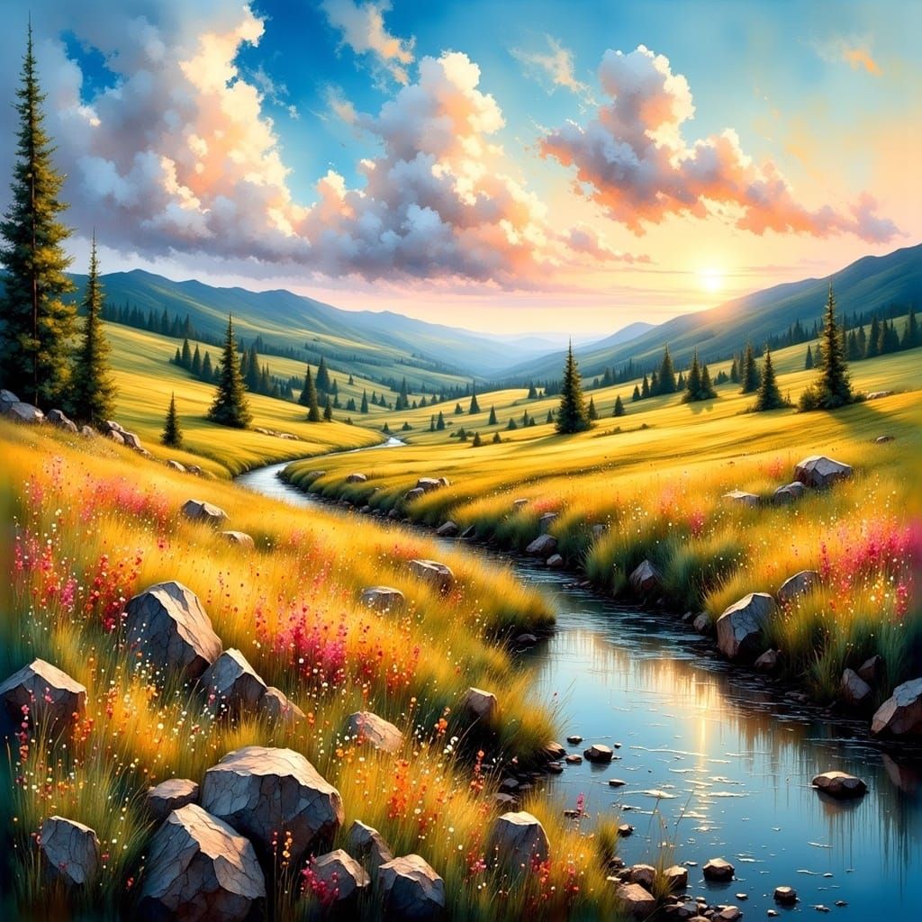 <lora:LightsCameraActionV2:1.0> oil impasto and inkdrip painting of a tranquil countryside.  rolling hills dotted with vibrant wildflowers,...