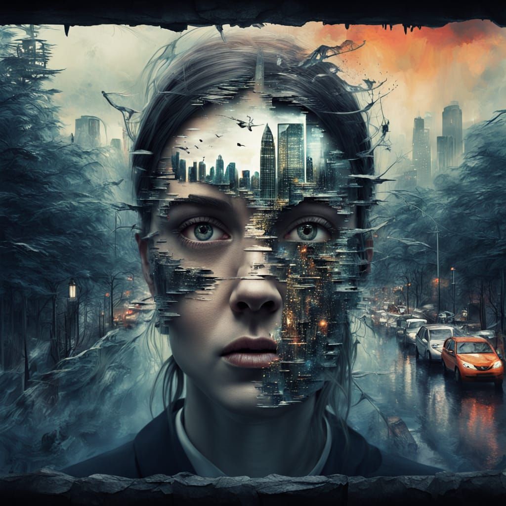 Irregular face portrait, liminal space inside the mind, hyperdetailed Double-exposure of (Skyscrapers, forests, Liminal Space) by Gjon Mili ...