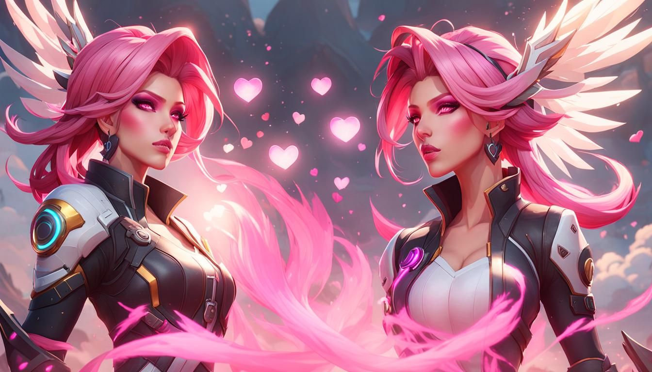 Pink hair Mercy from overwatch blowing a kiss with pink smok...