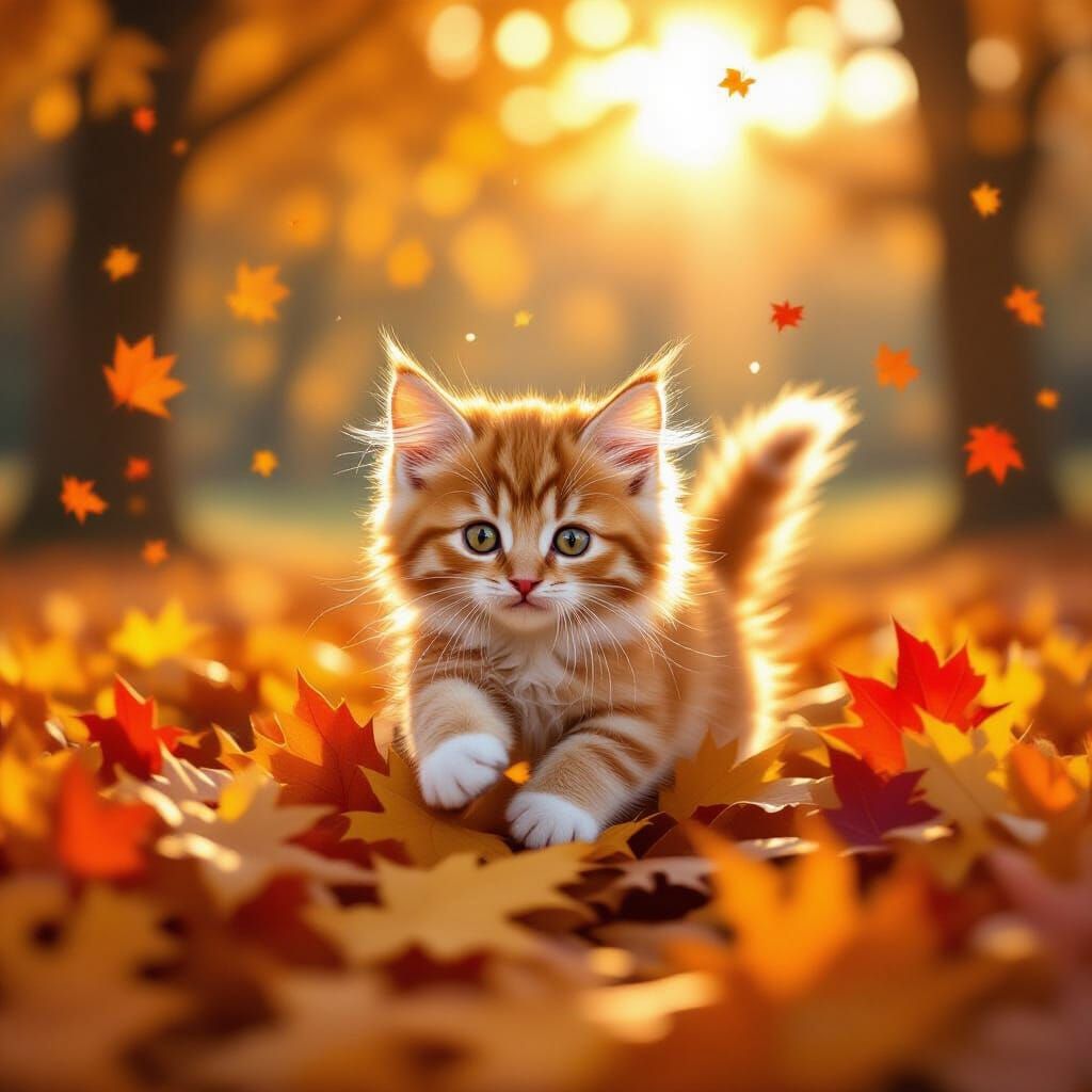 a cute fluffy cat  Playing in Autumn Leaves  by @Miss Dragons