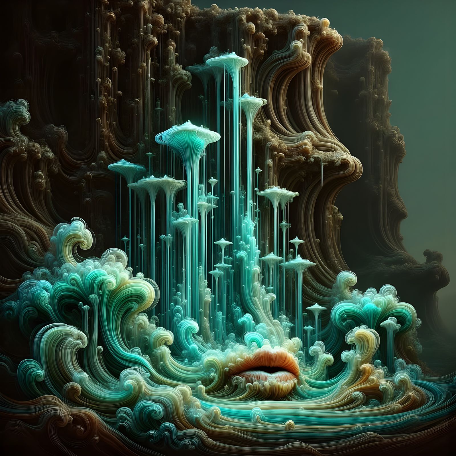 Ancient Cliff with Bioluminescent Mushrooms and Whispering L...