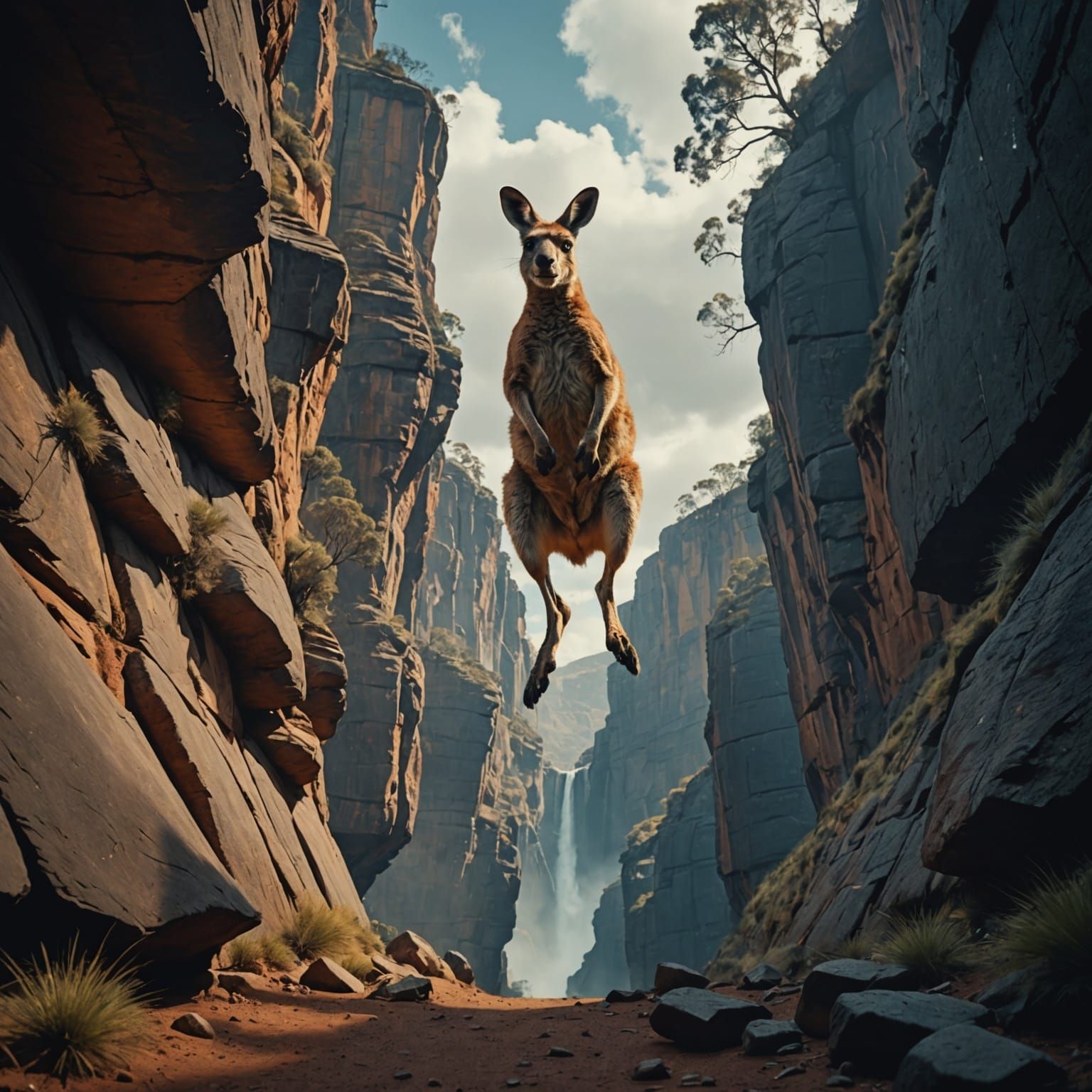 incredible jump of a kangaroo over a chasm Cinematic film still, shot on v-raptor XL, film grain, vignette, ...  by @nellochka