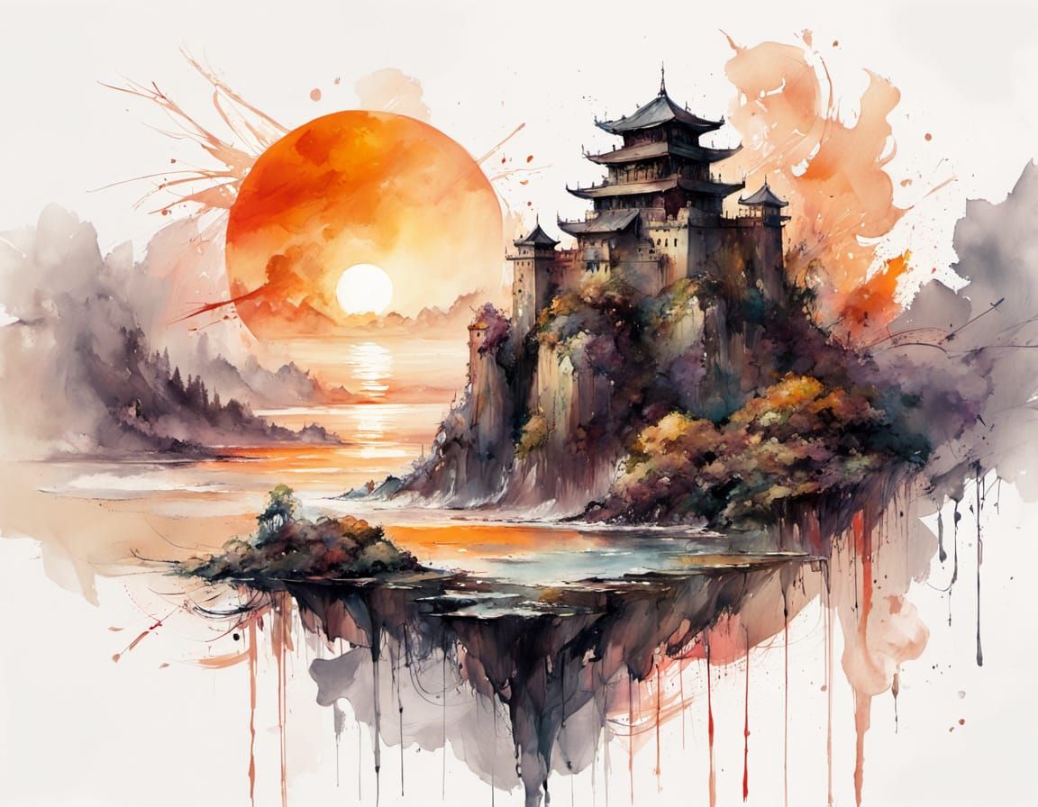 Gothic Fortress Sunset on Stormy Sea