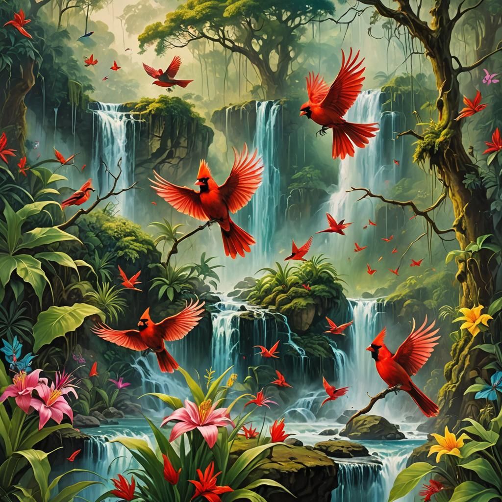 Red cardinals paradise of colors and waterfalls