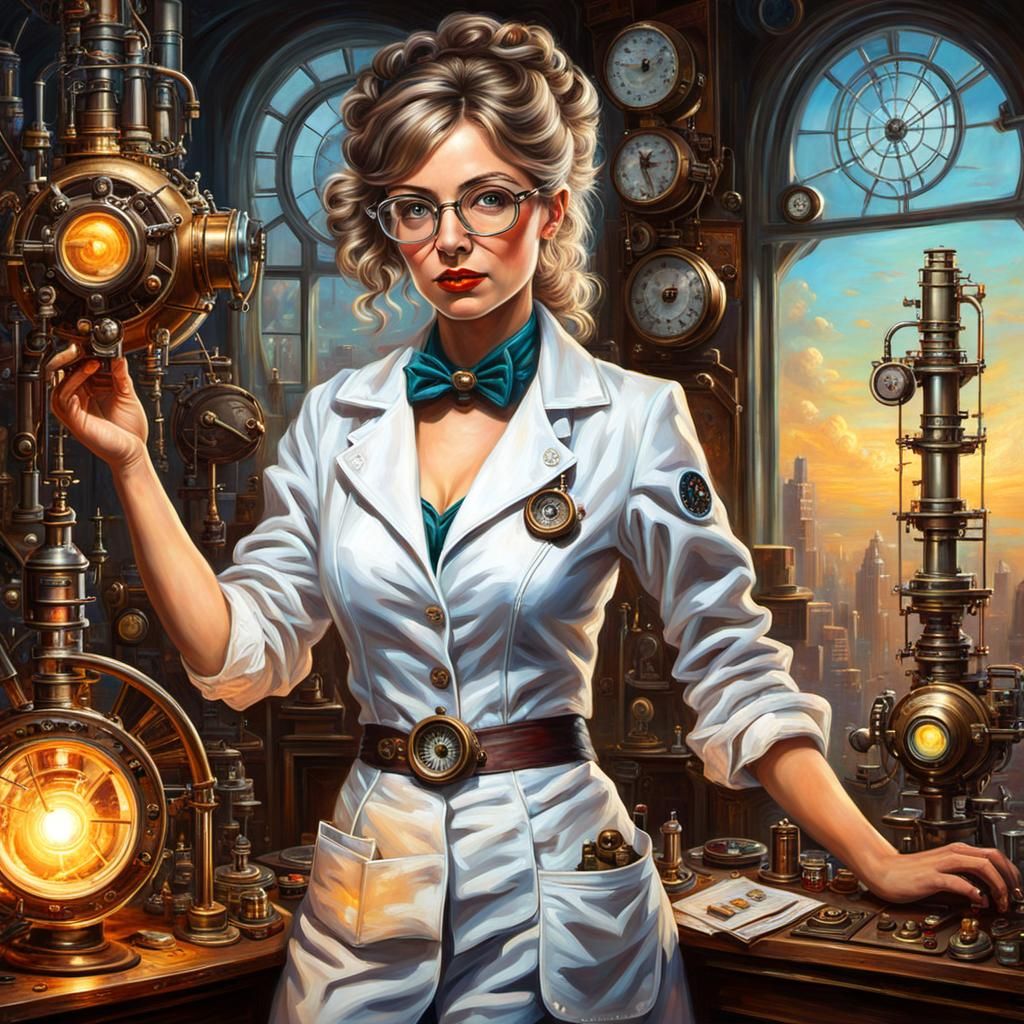 Beautiful risqué flirtatious Female mad scientist wearing gl...