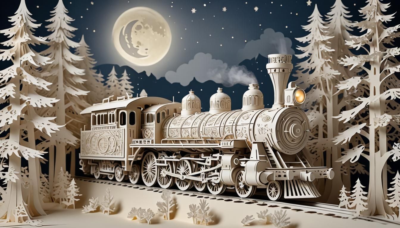 3D kirigami steam train in a moonlit forestscape