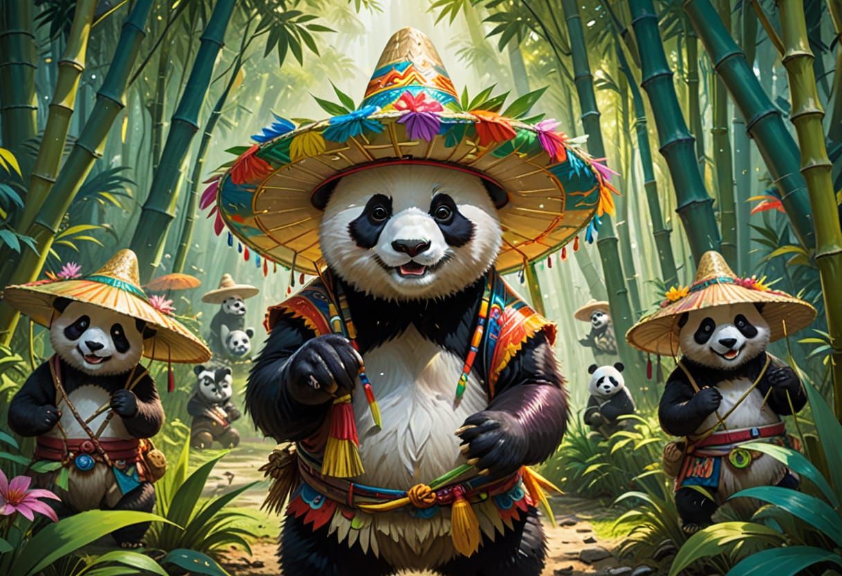 Cheerful panda wearing vibrant clothing, colorful sombrero, and surrounded by panda villagers, amidst ...  by @Here I am Once again